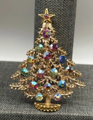 Vintage Weiss Gold Tone AB Aurora Borealis Rhinestone Christmas Tree Brooch Pin