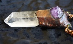 Artisan Created NECKLACE of Leather Wrapped Quartz Point and Purple Amethyst