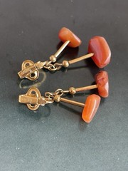 Vintage signed Trifari red bead dangle slip-on earrings gold tone