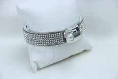 Silver Rhinestone Cuff Bracelet Faux Pearl Accent Hinged Statement Bangle