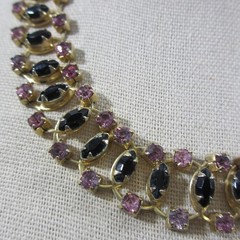 Vintage Rhinestone Necklace Purple Black Gold Tone Choker Collar 15 Inch