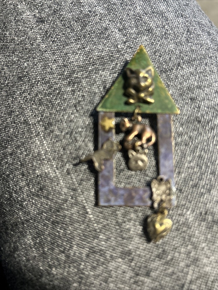Vintage Artisan Cat House Kitty Cat Charm Brooch In Multicolored Metals #3