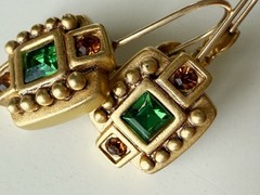 OSCAR DE LA RENTA Leverback Dangle Earrings : Matte Gold, Green + Brown Crystal