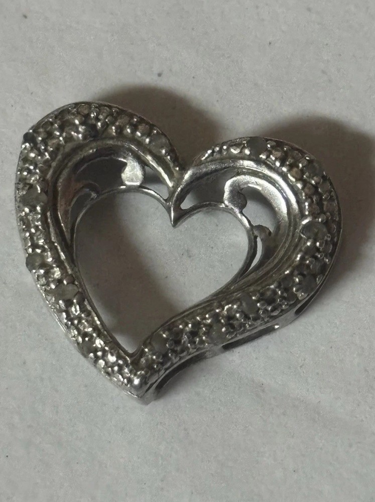 Vintage 925 Sterling Silver Open Heart CZ Slide Pendant .75” Pavé Stones