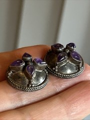 36. Vintage Tribal 925 Sterling Amethyst Stone Button Stud Earrings 21mm, 10.4g