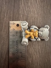 Vintage JJ Teddy Bear Brooch Silver Gold Tone Bear Holding Teddy Pin 2”