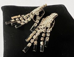 1950s Vintage Crystal & Jet Black Rhinestones Necklace & Dangling Clip Earrings