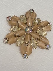Vintage Creamy Beige Moonstone & Yellow Marquise /AB Rhinestone Brooch 1960’s