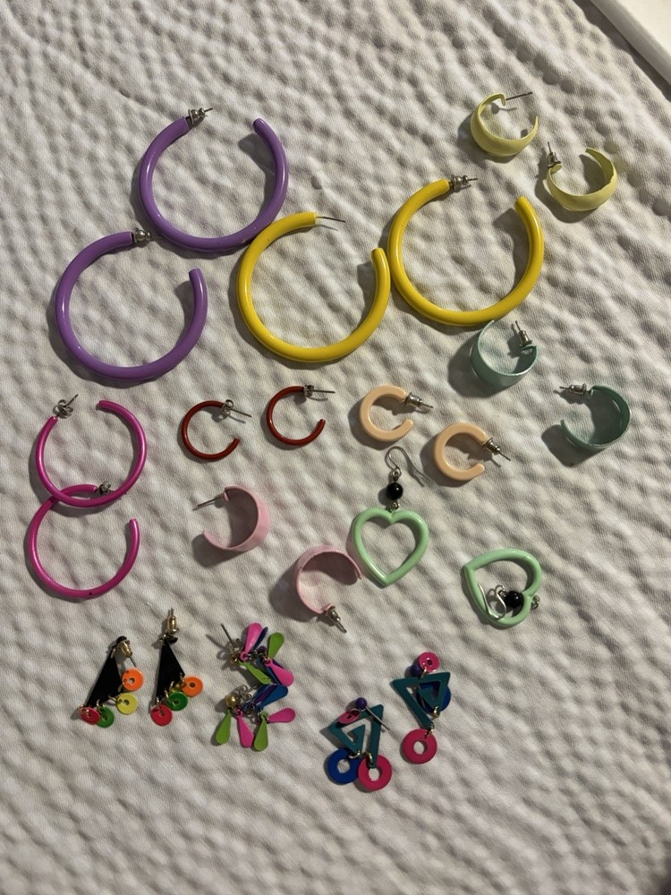Vintage 80s 90s Colorful Enamel Hoop and Dangle Earring Lot#29