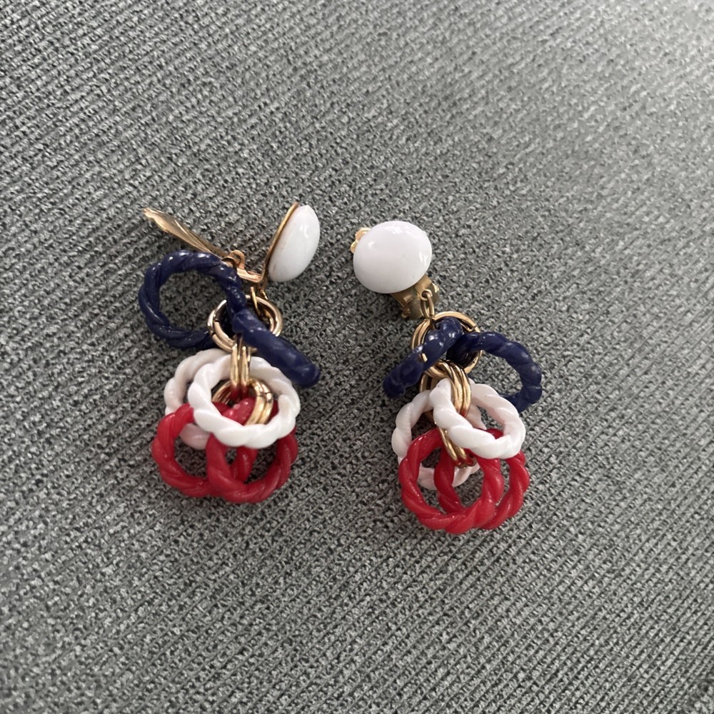 Red, White, Blue Fun Clip-On Earrings Plastic Rope-look Rings, Lightweight