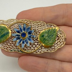 Vintage Brooch White Enamel Blue Flower Gold Tone Filigree 2 Inches
