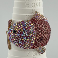Vintage Fish Clamper Cuff Bracelet Red Pink AB Rhinestone Enamel Statement