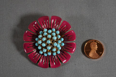Vtg Petal Enamel Blue Plastic Ballotini Bead Stone Flower Brooch