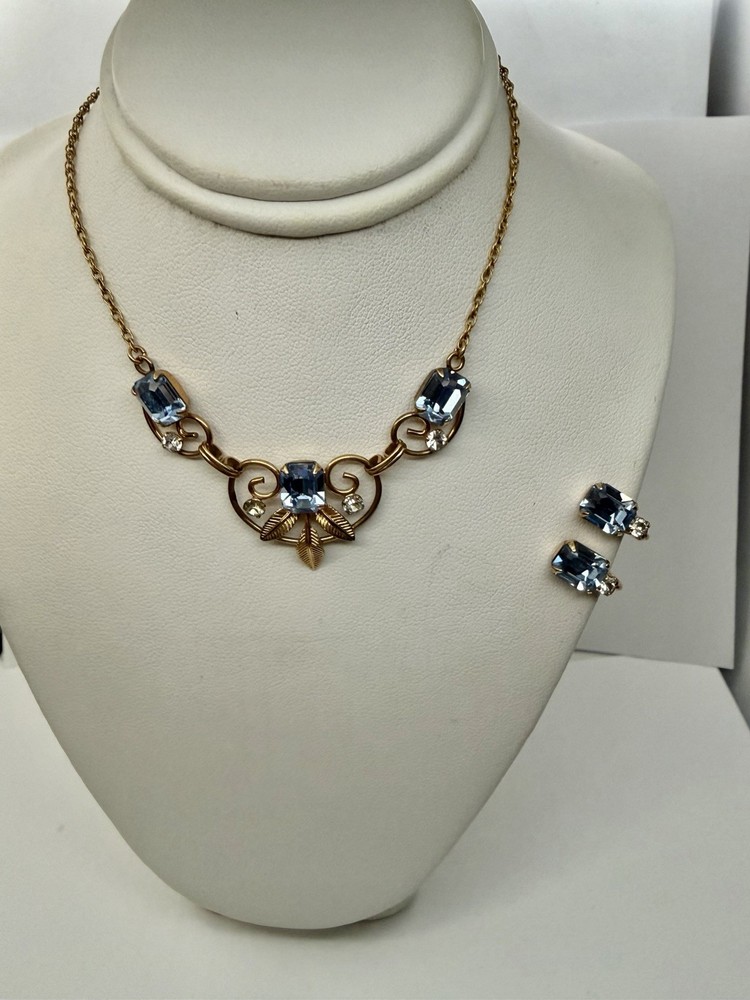 Vintage MCM Van Dell Gold Filled Blue Rectangle Crystal Necklace & Earrings Set