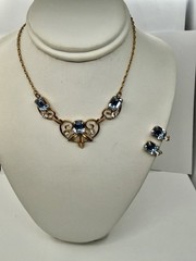 Vintage MCM Van Dell Gold Filled Blue Rectangle Crystal Necklace & Earrings Set
