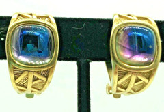 Givenchy Couture Earrings Iridescent Peacock Glass Bamboo Gold Tone Vintage Rare
