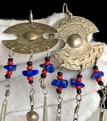 Vintage Lapis Silver Tone Dangling Earrings Large 3.5in Red Black Beads 9.84g