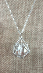 Vintage Clear Faceted Cut Crystal Pendant In Silver Tone Cage Long 30″ Necklace
