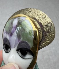 Vtg Gabriella Ceramic Face Art Brooch Verdigris Metal Dangle Fancy Lady Big Eyes