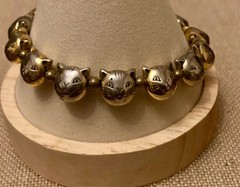 Vintage Cat Head Bead Bracelet 7.75″ Gold Tone & Silver Tone READ