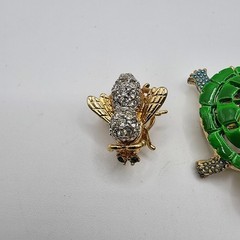 Vintage Brooch Set Turtle & Fly Bee Bug Pins Enamel Animal Rhinestone Gold Toned