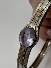 Antiqued Silver Plate Amethyst Glass Etched Gold Designed Bracelet Art Deco