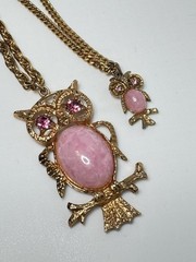 Vintage Double Strand Owl Necklace Pink Cabochon Gold Tone Layered Pendant