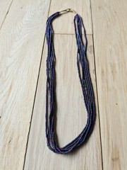 Natural Nepal Glass Seed Bead Multi Strand Necklace. Iridescent Peacock Blue 22″