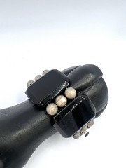 Vintage Chunky Black Stone Gemstone Silver Bead Wide Bracelet RO-DO NOS Saks