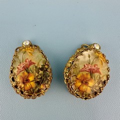 Vintage West Germany Clip On Earrings Gold Tone Filigree Floral Decal Rhinestone