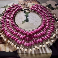 Vintage Pink Art Glass Faux Pearl Fringe Bib Statement Necklace Dramatic Runway