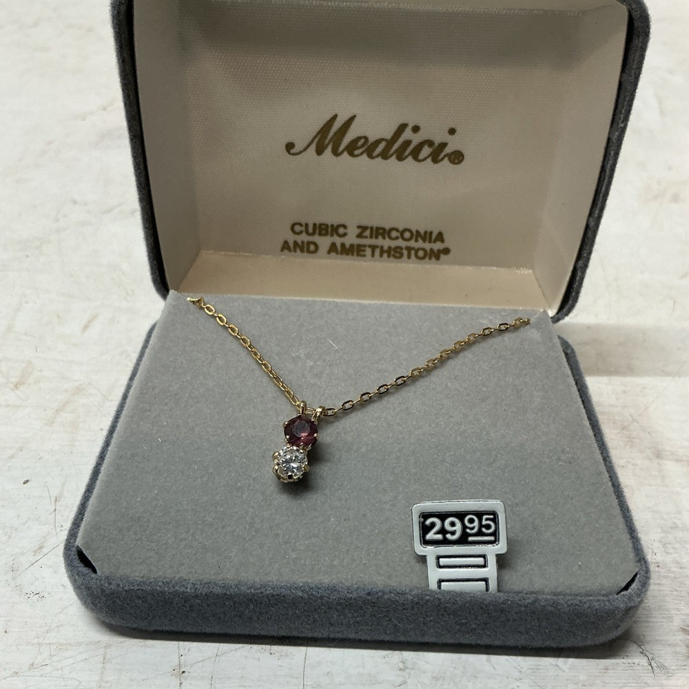 Medici Gold Color Necklace And Cubic Zirconia And Amethston New In Box 16”