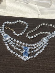 Vintage Silver Plate Blue Rhinestone Baguette Emerald Cut Collar Necklace 15”