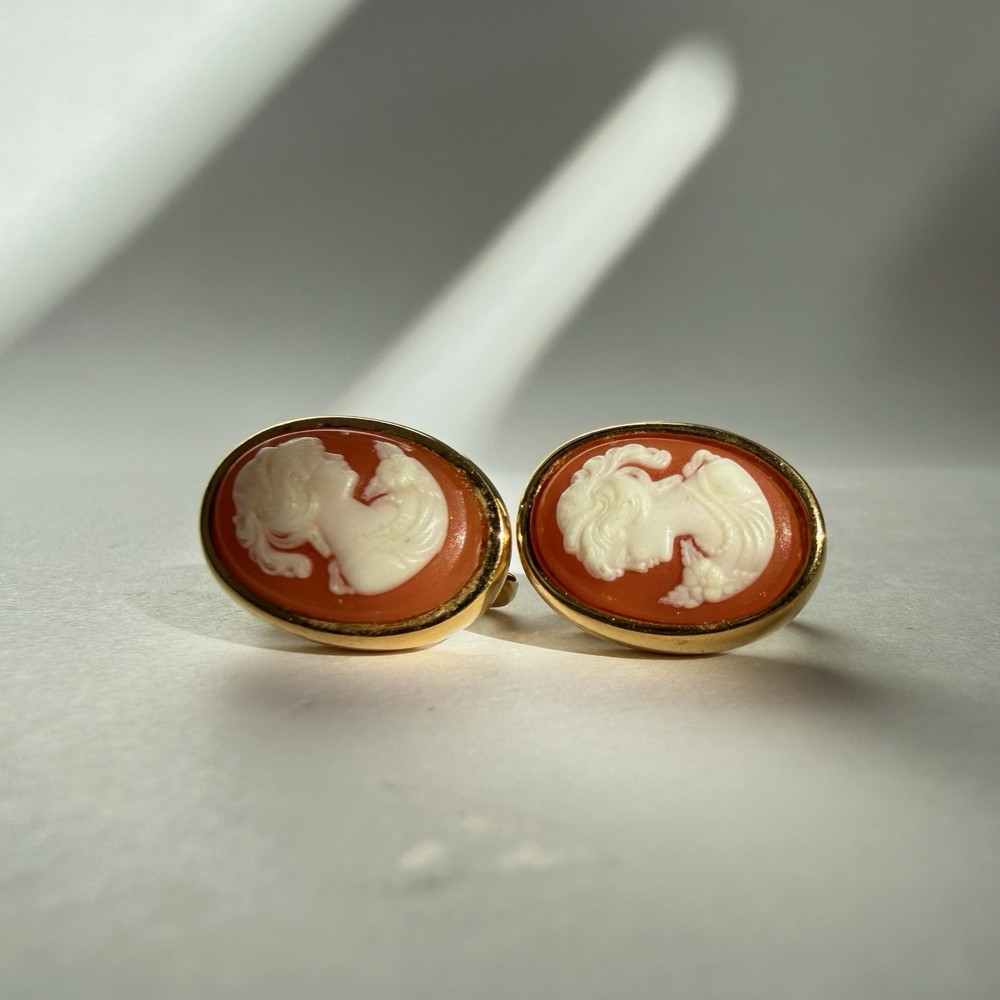 Vintage CROWN TRIFARI 1960s Gold Toned Orange and Ivory Cameo Clip On Earrings