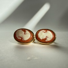Vintage CROWN TRIFARI 1960s Gold Toned Orange and Ivory Cameo Clip On Earrings