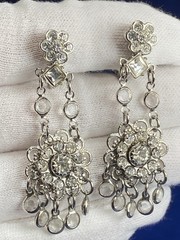 Vtg Silvertone Rhinestone Chandelier Flower Dangle Drop Clip On Estate Earrings