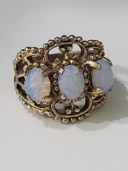 Vintage 18K Gold Plated 3 Stone Faux Fire Opal Three Stone Gold Tone Ring Size 6