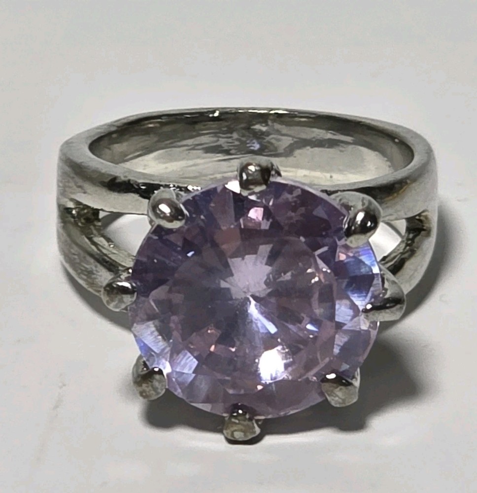 Vtg Purple Faceted Glass Silver Plated Double Shank Solitaire Ring Sz 5.25 (J2)