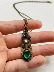 Vintage Gothic Green Colorful Rhinestone Filigree Cutout Bronze Tone Necklace