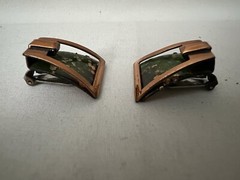 Vintage MATISSE Earrings Bronze Frame Green Inset Speckled Clip On Jewelry