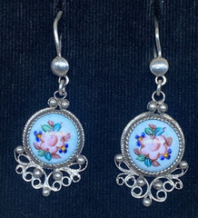 Vintage Earrings Rostov Finift Russian Enamel Painted Floral Dangle Silver Tone