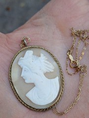 19th Century Carved Shell Portrait Cameo Pendant Necklace Gold Filled Chain Oval