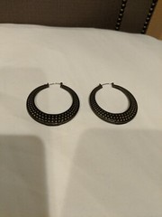 Vintage Earrings Hoop Wire Closure Hollow Metal Embossed Damask Motif Large