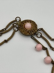 Vintage Multi 3 Strand Pink Beaded Necklace Antique Gold Tone Etched Bar Link