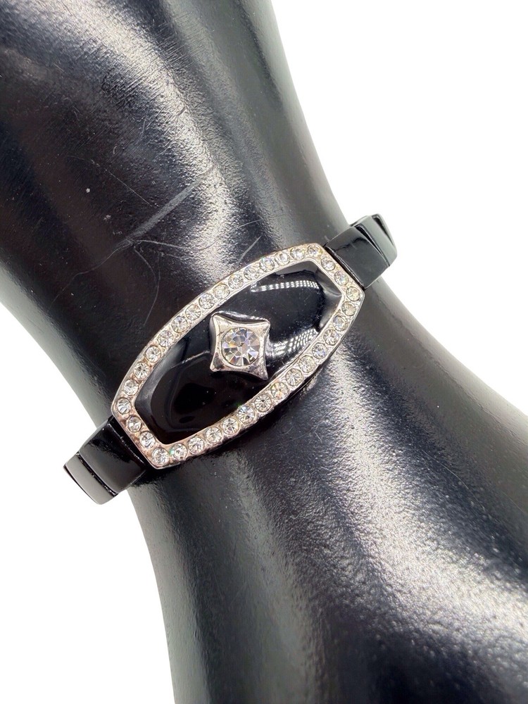 Vintage Napier Expansion Bracelet Diamanté Crystals Silver Plate Black Enamel W3