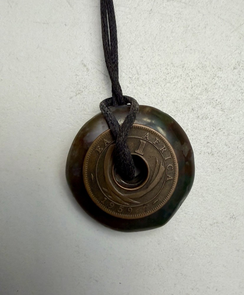 Vintage East Africa One Cent Coin 1959, Brownish Stone, Black Cord Necklace
