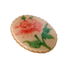 Vintage Hallmark Porcelain Pink Floral Brooch Pendant Gold Tone 2 By 1 1/2 in