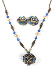 WEST GERMANY Pendant/Necklace Earring Set Blue AB Rhinestone Faux Pearls 1950s