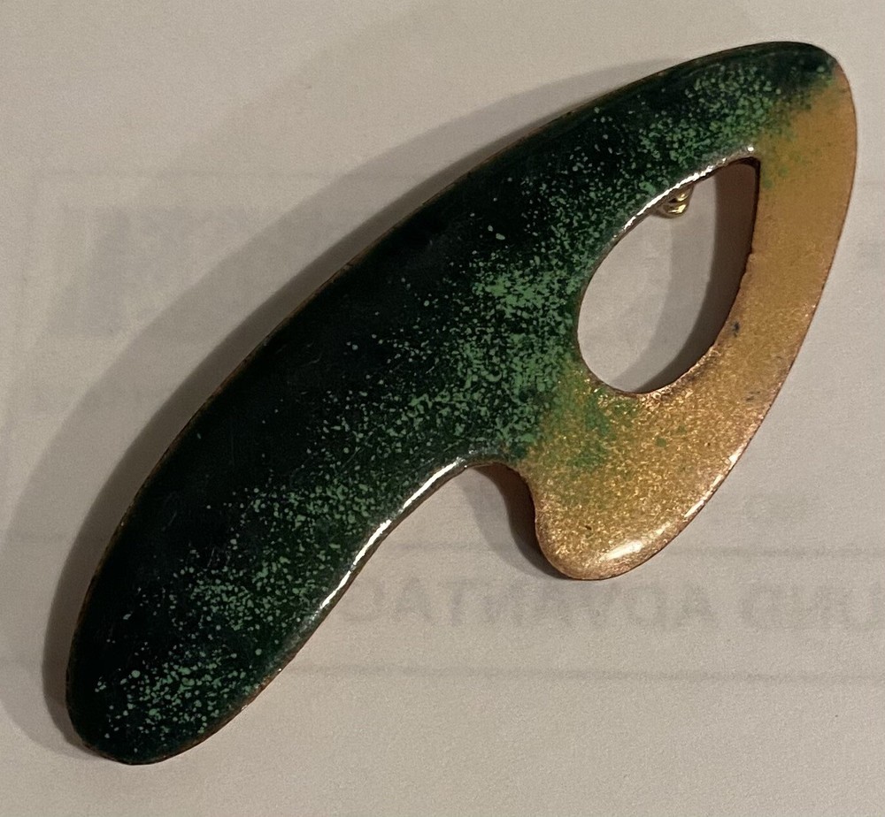 MCM Copper Enamel Boomerang Open Swirl Brooch modernist artisan signed Belanger