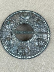 Antique Latvian Round Repousséd Brooch Pin ~2 ¾” Folk Metal Costume Jewelry